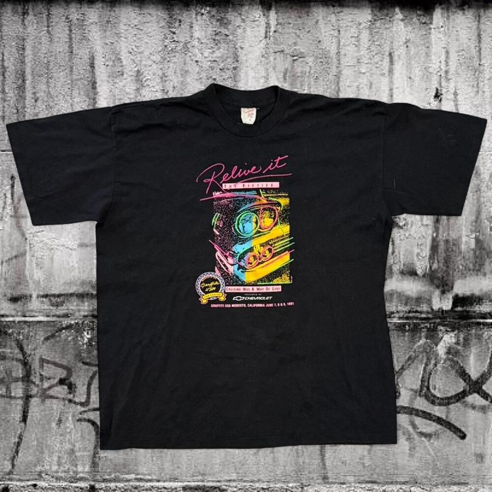 Vintage 1991 Graffiti USA Modesto Chevrolet Neon Car Show Tee XL Single Stitch
